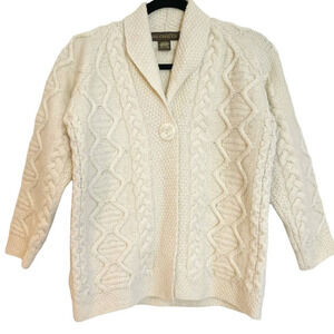 Inis Crafts Cream 100% Merino Wool Cable Knit Cardigan Sweater Made In Ireland